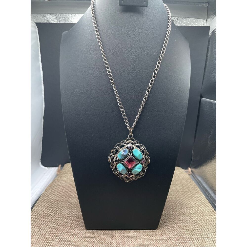 Statement Costume Pendant Necklace with Faux Turquoise and amethyst Stones Rodeo